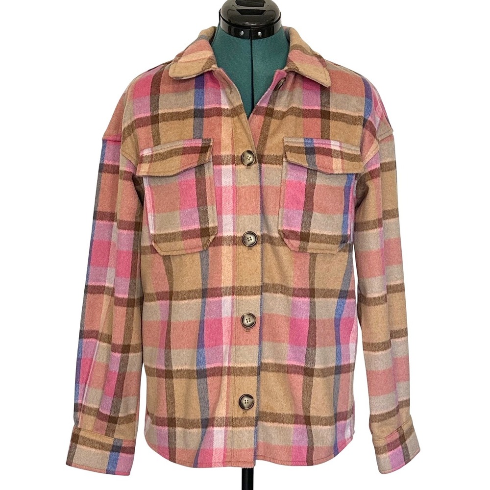 Avec Les Filles Jacket Womens Small Pink Tan‎ Plaid Button Front Shacket Coat